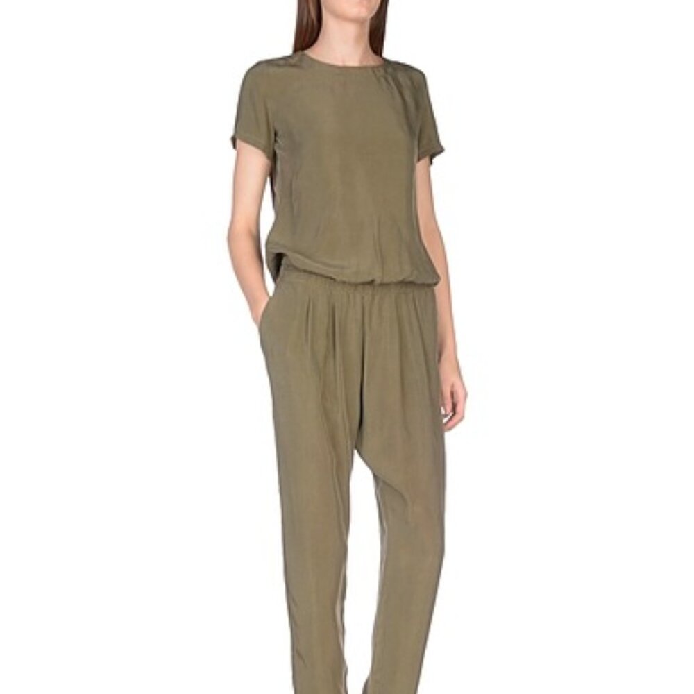European Culture Italian Dark Olive Cupro Silk Parachute Jumpsuit Size L M